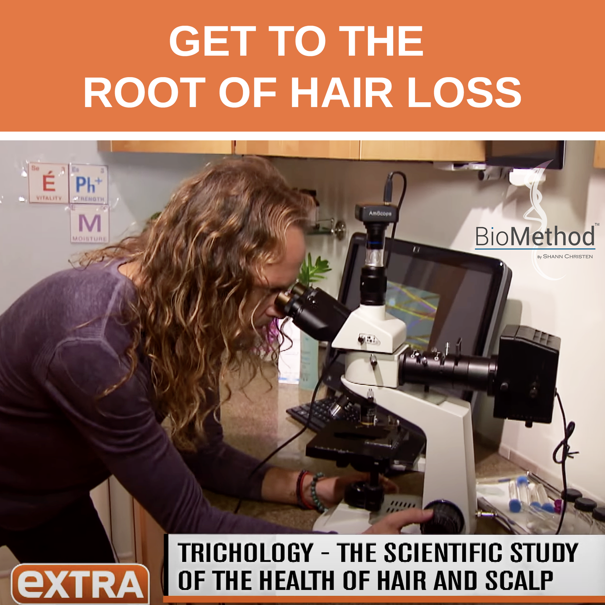 Person using a microscope in a laboratory setting with text about hair loss and BioMethod branding.